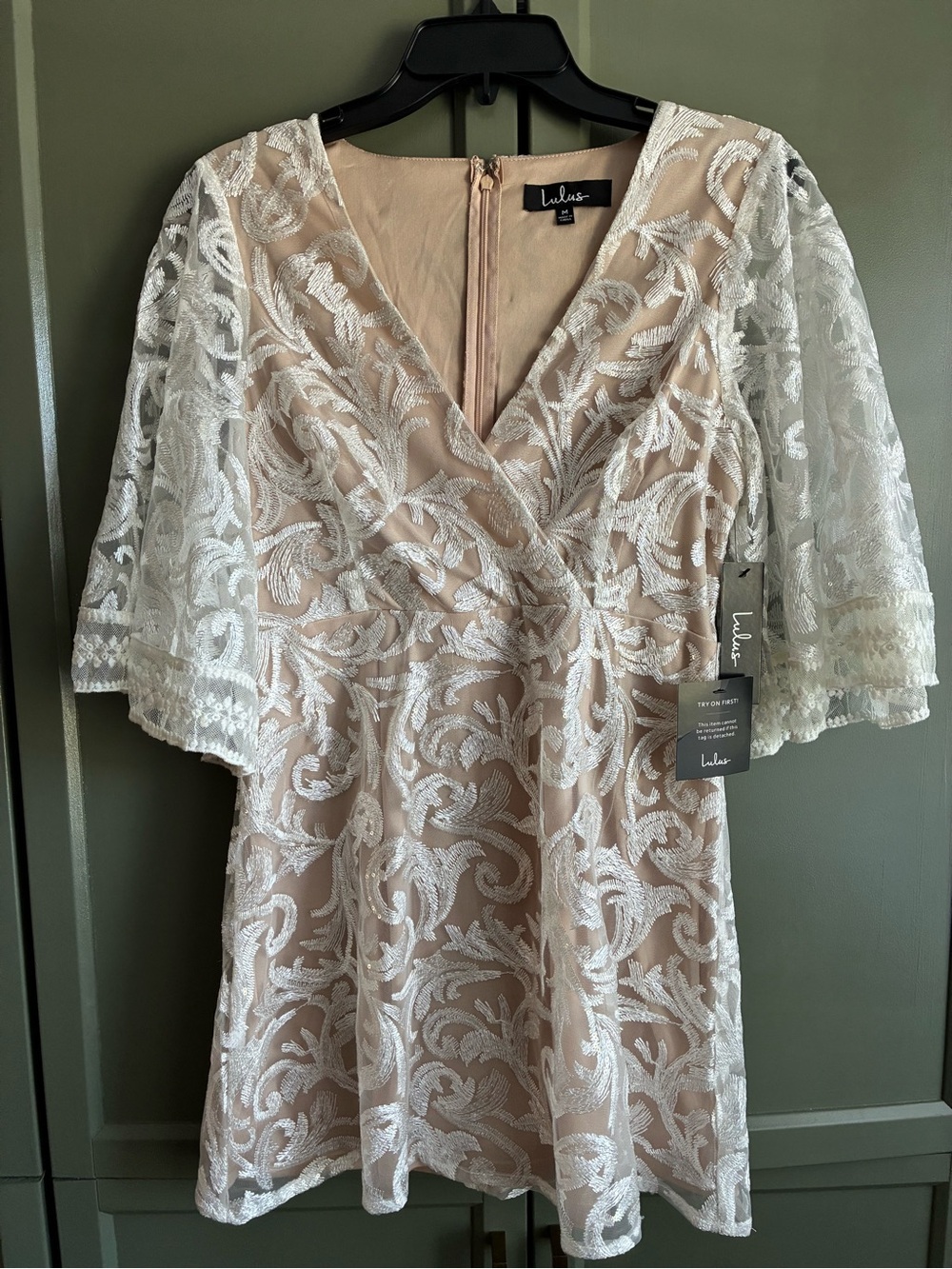 Lulu's Nude Dress with White Embroidered Lace and Flutter Sleeves